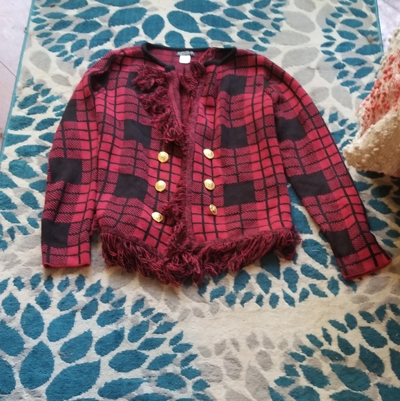 Venus Buffalo Plaid Fringe Cardigan 